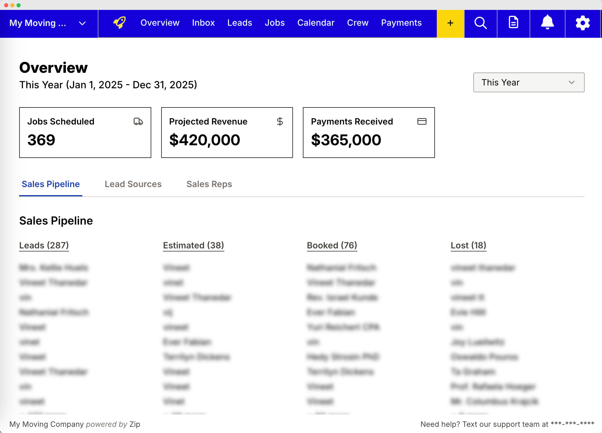 Zip platform dashboard showing overview with jobs scheduled, projected revenue, payments received, and sales pipeline