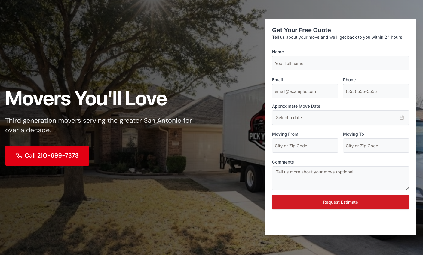 Example of a professional moving company website built by Zip showing a quote form and hero section